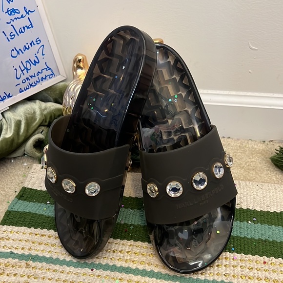 Karl Lagerfeld Shoes - KARL LAGERFELD 7.5/8 SLIDES BLACK BLING RHINESTONE SANDALS SHOES CLEAR EUC